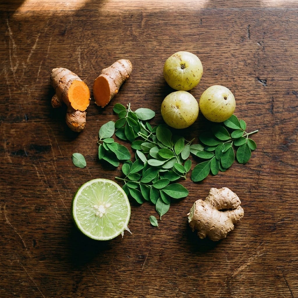Fresh turmeric and amla laid out on a surface