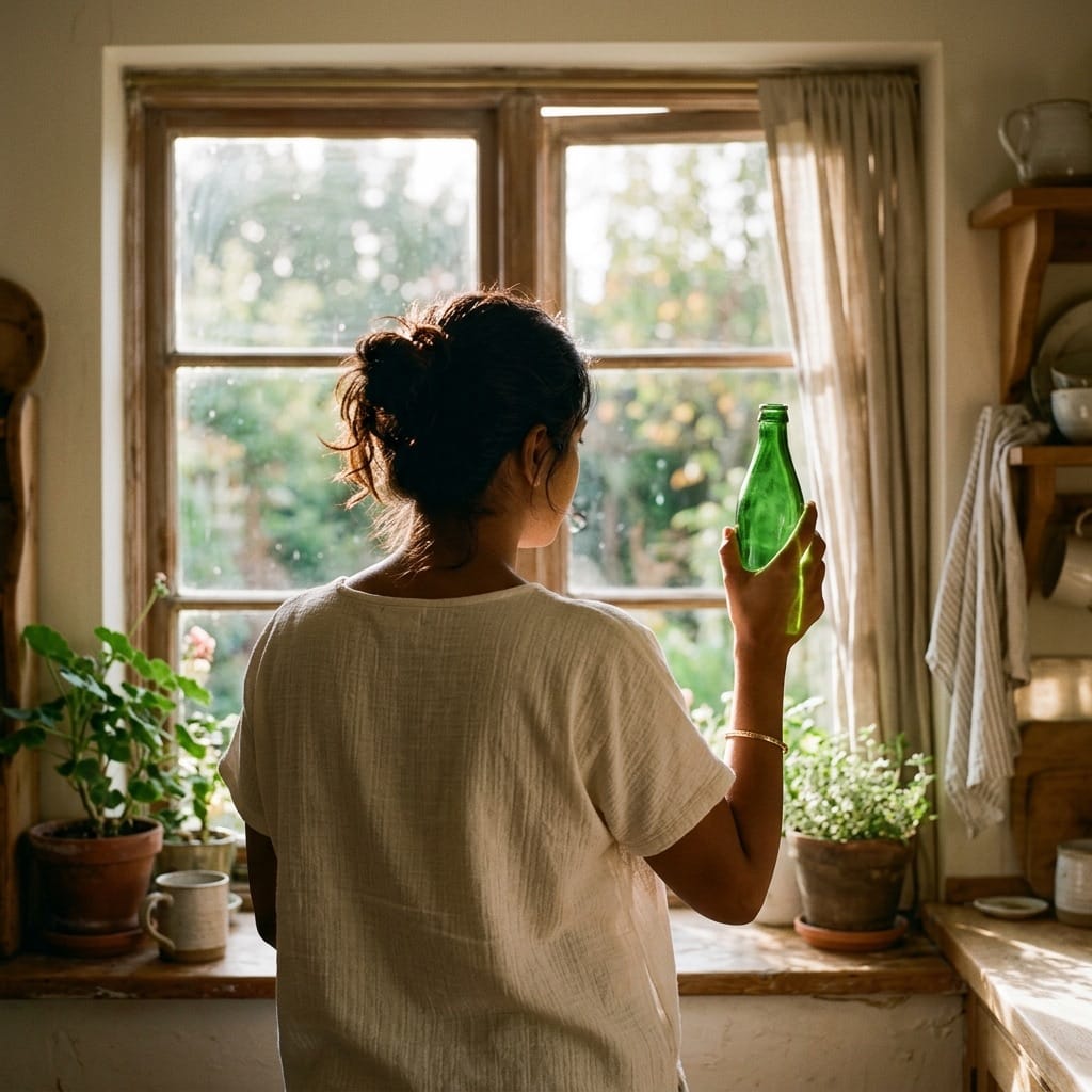 Person holding cold-pressed bottle in morning light